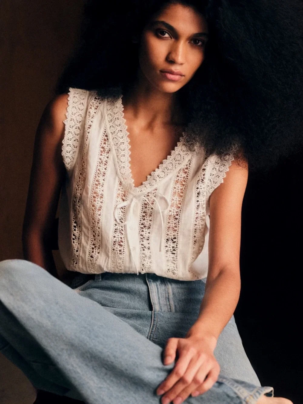 Sezane Ecru Lace-Trim Tie-Front Sleeveless Blouse - Picture 3 of 6